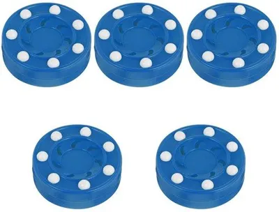 Productafbeelding van Unyqoos® Set van 5 blauwe hockeypucks, type PP – 550 gram, geschikt voor indoor- en outdoor training (rollerhockey, ijshockey en straathockey)