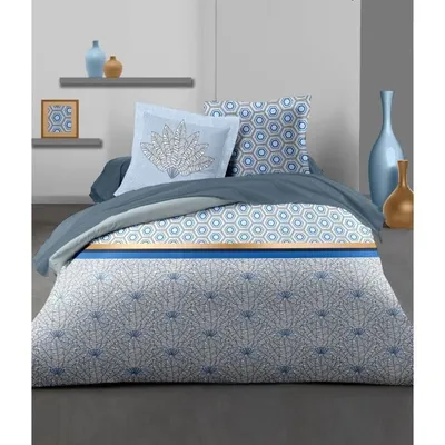 Produktbild von HOME LINGE PASSION Luxor Bettwäscheset - 1 Bettbezug 240 x 260 cm + 2 Kissenbezüge 65 x 65 cm - Blau und Weiß