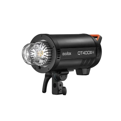 A studio flash light on a white background.