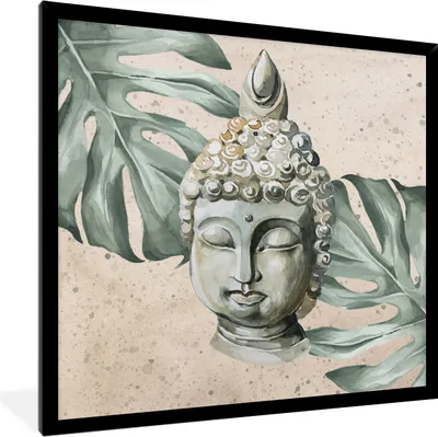 Produktbild von MuchoWow® MuchoWow® Gerahmtes Poster Buddha - Kopf - Blätter 40x40 cm - Poster mit zchwarzem Bilderrahmen - Mit Rahmen - Wanddekoration Schlafzimmer
