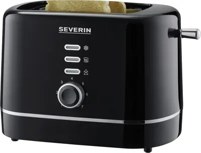 A black Severin toaster with two slices of toast in it.