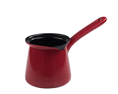 A red enamel coffee pot with a black interior and a red handle, isolated on a white background.
