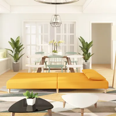 Immagine prodotto di Divano letto 2 posti con 2 cuscini, colore giallo, rivestito in tessuto