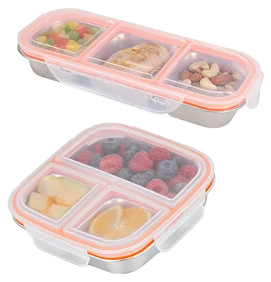 Snackboxen aus Edelstahl, 2 Stück, 3 Fächer, 600 ml, Bento-Lunchbox