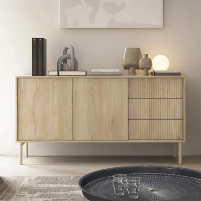 Produktbild von Sideboard TAVO 153 cm eiche cremona riffeloptik 3 schubladen holzbeine