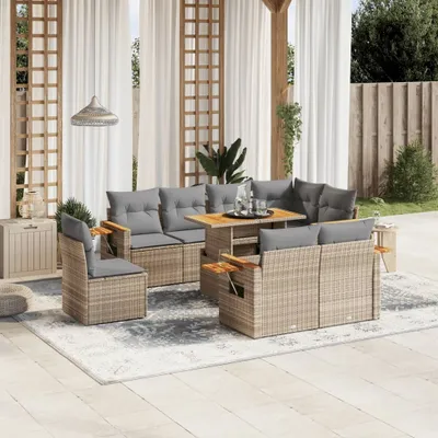 Produktbild von Design 9-tlg. Garten-Sofagarnitur mit Kissen Beige Poly Rattan, Gartenmöbel-Sets 2024 Neu