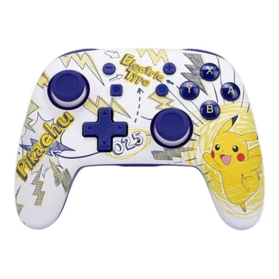 A white Nintendo Switch Pro controller with a Pikachu design.