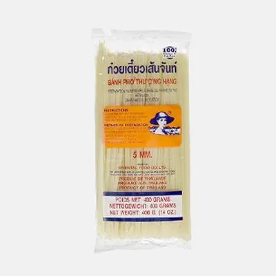 A package of rice noodles against a white background.