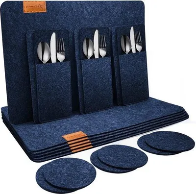 Produktbild von Dunkelblaue Placemats Set, 18-teilig, 44x32cm, waschbar, Unterlegscheiben