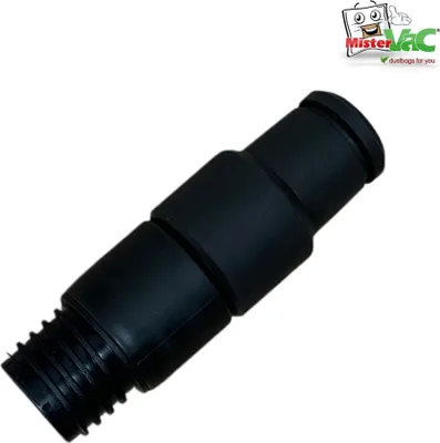 A black vacuum cleaner adapter on a white background with a logo in the top right corner.