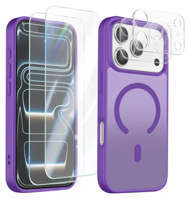 Immagine prodotto di Avizar, custodia protettiva MagSafe per iPhone 17 Pro, con 2 protezioni in vetro temperato e 2 pellicole protettive per la fotocamera, colore viola