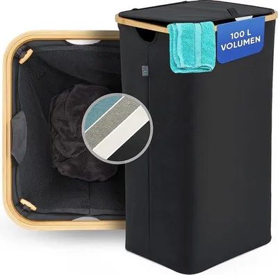 Produktbild von Unyqoos® Wäschekorb mit Deckel – 100 L faltbarer Wäschesammler mit herausnehmbarem Wäschesack, Oxford-900 Stoff & Bambusrahmen, Schwarz, schmal