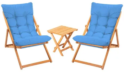 Image de Salon de jardin Ensemble table basse et 2 chaises en bois de hêtre bleu et naturel 3 pièces