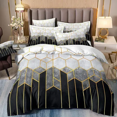 Obrázok produktu pre Sada posteľnej bielizne 220x240 cm, čierno-biela, geometrický vzor, mikrovlákno, 3-dielna, so zipsom