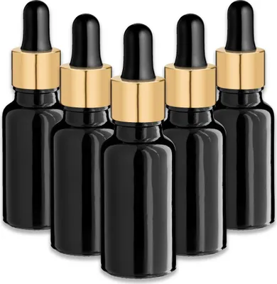 Produktbild von 5x Schwarze Glasflasche 20 ml mit goldener Aluminium-Pipette – Tropfflasche