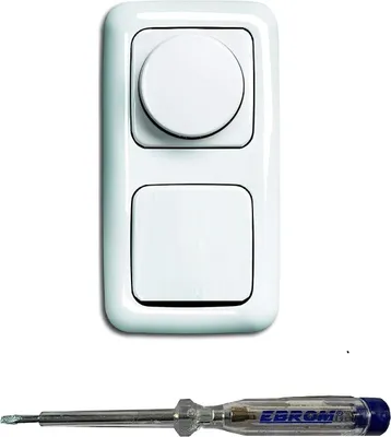 Produktbild von Busch Jäger 6523U-102 LED Drehdimmer Dimmer + Dimmerscheibe 2115-214 und Lichttaster 2020US in Reflex Si alpinweiß glänzend inklusive EBROM Phasenprüfer zur Montage der Geräte (6523 U – 102)