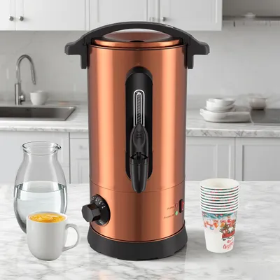 Productafbeelding van Ikodm Glühweinwarmer, 8 liter, 1500 watt, koper, met thermostaat, tappunt, vulniveau-indicator en 10 papieren bekers voor feestjes