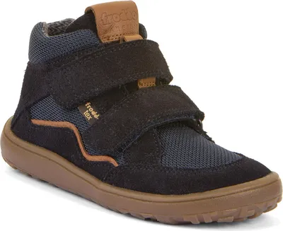 A single dark blue high-top shoe with brown accents and soles, presented against a white background.