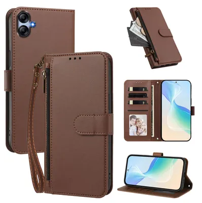 Image de Étui portefeuille pour Samsung Galaxy A04E, en cuir PU, avec compartiments pour cartes, support et dragonne. Couleur : marron