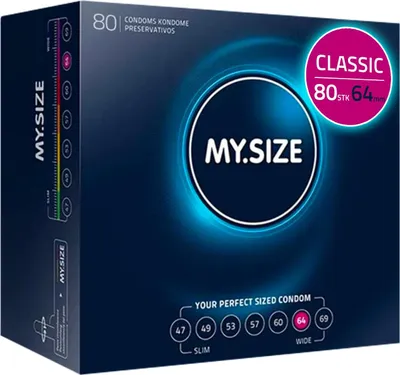 Obrázok produktu pre MY.SIZE Classic kondómy veľkosť 6 | šírka 64 mm | mega balenie 80 kusov | extra tenké | tenká stena s hrúbkou 0,07 mm