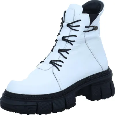 A white leather boot with black laces and a thick black sole, presented against a white background.