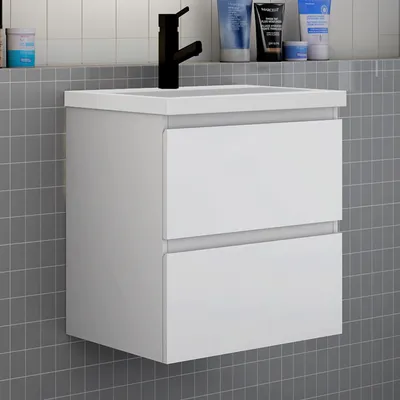 Produktbild von Badezimmermöbel 60cm CINIC-Serie Mineralguss Waschtisch mit Unterschrank Hängeschrank Badezimmerschränke mit 2 Schubladen Weiß Matt