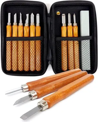 Produktbild von Holzschnitzwerkzeug-Set 12-teilig, Buchenholzgriff, Stahlspitze, für Anfänger und Holzprojekte