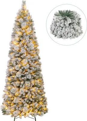 A flocked artificial Christmas tree with warm white LED lights, shown with a separate close-up of the flocked branches.