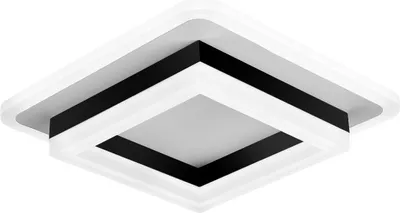 A modern square ceiling light with layered black and white elements.