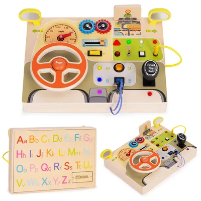 Obrázek produktu pro Dřevěná manipulační tabule LED senzorická pro děti, vzdělávací panel auto volant 14 prvků