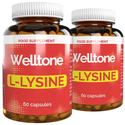 Zdjęcie produktu dla Welltone L-lizyna – 120 kapsułek (2 x 60 kapsułek), opakowanie zawierające 2 sztuki