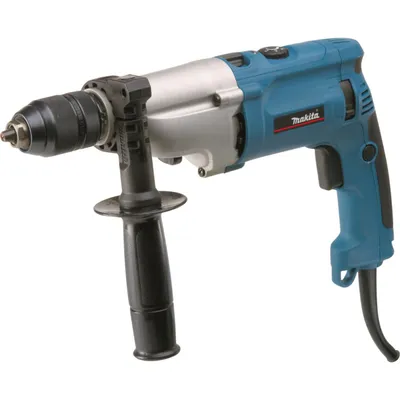 Produktbild von Makita Schlagbohrmaschine HP2071J, Aluminium-Druckguss-Gehäuse, Vollmetall-Bohrfutter, Schwarz/Blau/Silber, 362x70x220mm (LxBxH), 2,5 kg, 2-Gang-Getriebe, Sicherheits-Rutschkupplung, Schlagabschaltung, Konstantelektronik, Schnellspannbohrfutter, LED-Anzeige, inkl. MAKPAC