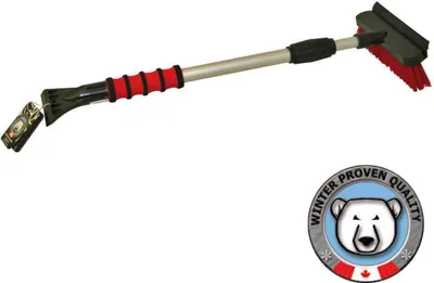 A snow brush and ice scraper with a telescopic handle, shown against a white background. A circular logo with a polar bear and text is in the lower right corner.