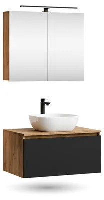 Produktbild von ARISA Badmöbel Set in Schwarz - Mit Spiegelschrank "ARIA" und weißem Keramik-Aufsatzwaschbecken 42 cm