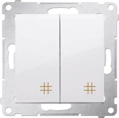 A white double light switch with gold hash markings on a white background.
