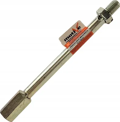 A metal extension rod with threaded ends and nuts, attached to a product tag.