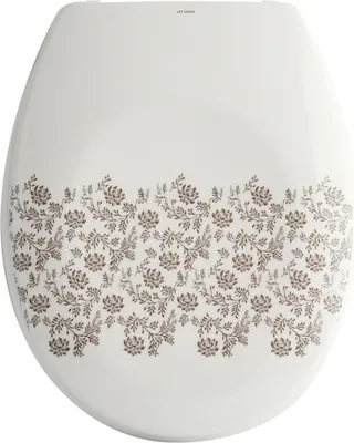 A top-down view of a white toilet seat with a decorative floral pattern along the bottom edge.