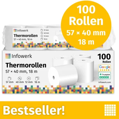 Immagine prodotto di NUOVO: Carta termica per stampanti di cassa / carta per stampanti fiscali, 100 rotoli, 57mm x 40mm x 12mm, 18m, vincitore di test, certificata PEFC, compatibile con EPSON, IBM e altri modelli
