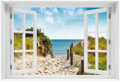 Produktbild von Wallario Premium Glasbild mit Fensterrahmen, freischwebende Optik, kräftige Farben, Größe 60 x 90 cm Motiv Auf dem Sandweg zum Strand