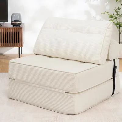 Zdjęcie produktu dla Składana sofa 3 w 1 – fotel, gościna, sofa podłogowa – z poduszkami – do salonu i sypialni – kolor beżowy