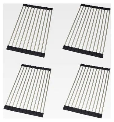 Produktbild von Faltbarer Topfuntersetzer aus Edelstahl – 4er Set – Hitzebeständiger Roll-Untersetzer für Spüle und Arbeitsplatte, Antirutsch-Silikon, Abtropfgitter und Küchenhelfer, zusammenklappbar (37 x 21 cm)