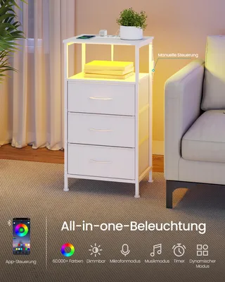 A white nightstand with drawers and integrated LED lighting, placed next to a sofa.