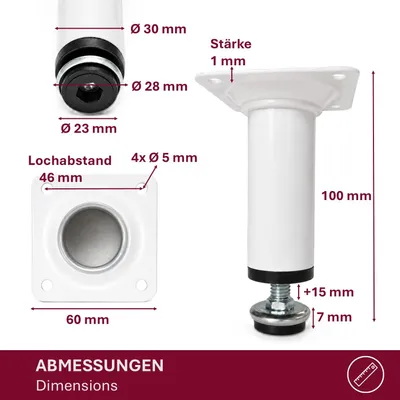 Produktbild von HOOZ® Möbelfüße Edelstahl Weiß Matt 100 mm 4er Set [HÖHENVERSTELLBAR] Möbelbeine Ø 30 mm – Schrankfüße für Kommode TV-Board & Regal – 35 kg pro Fuß
