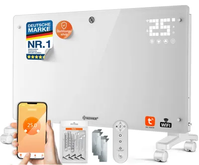 Image de KESSER® : Radiateur électrique à convection, corps en verre, fonction WiFi, télécommande incluse. Peut être posé au sol ou fixé au mur. Écran tactile, écran LCD, minuterie. 2500 watts