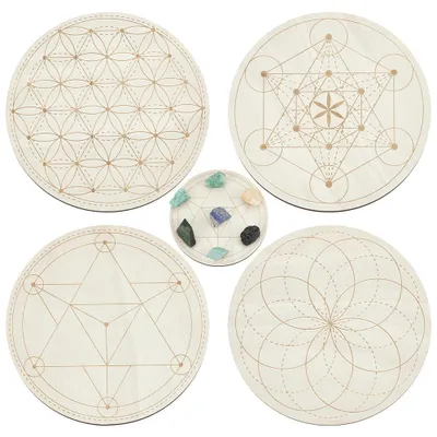 4er-Set runde Kristallgitterbretter aus Holz, 15 cm, Heilige Geometrie