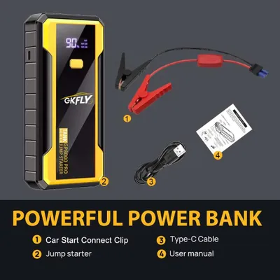 Image de Batterie de démarrage d'urgence pour voitures - 12 V - 600 A de courant de pointe - 20 000–30 000 mAh - Compatible avec les véhicules essence et diesel - Lampe de signalisation SOS - 400 g