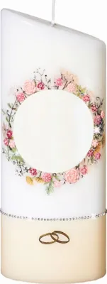 Produktbild von Hochzeitskerze Blumenkranz mit Namensverzierung und Geschenkkarton, Ellipse abgeschrägt