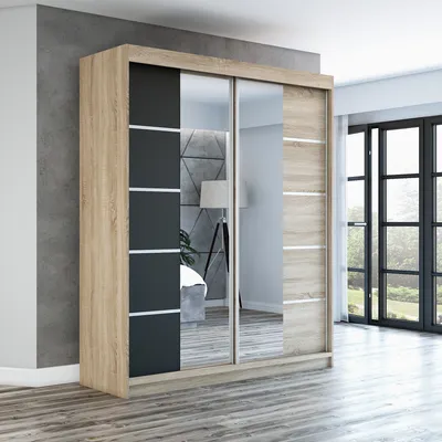 Produktbild von Schwebetürenschrank, 2-türig Schrank ERA 180 cm (mit Spiegel) Sonoma / schwarz / sonoma