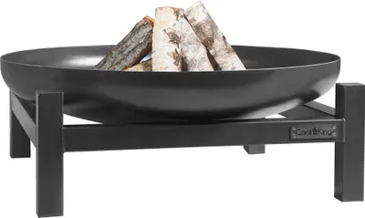 A black steel fire pit with logs inside, displayed on a white background.