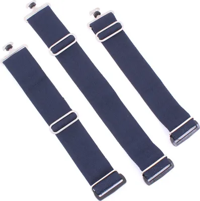 Three navy blue surcingles are laid out diagonally on a white background.